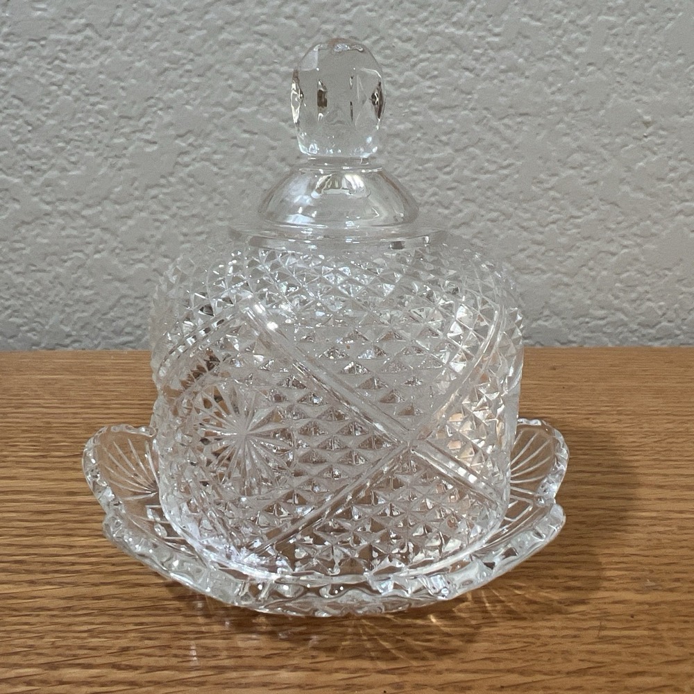 VTG Avon Glass Covered Butter Dish Diamond Starburst Scalloped Dome Cottagecore